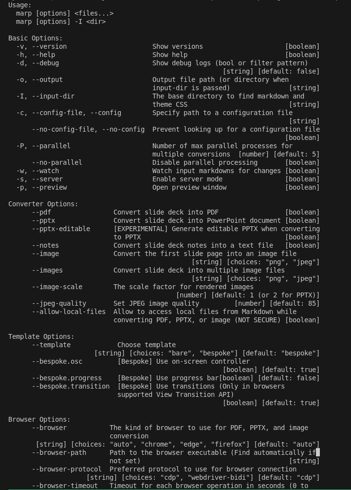 marp CLI help menu